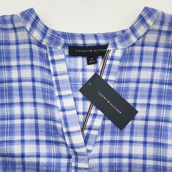 Tommy Hilfiger Women's Blue White Plaid Cotton Popover Short Sleeves Shirt Small - Picture 9 of 15